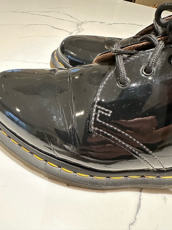 Dr. Martens Black Patent Leather 3-Eye Derby Shoes with Yellow Stitching 1461